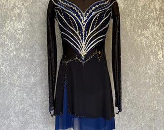 Black and Blue Figure skating dress with Rhinestones