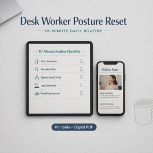 Pode incluir: Ilustração digital que promove um "Desk Worker Posture Reset" com uma rotina diária de 10 minutos. A imagem apresenta um tablet e um smartphone exibindo instruções de exercícios. O texto inclui "Neck Stretches", "Shoulder Rolls" e "Breathing Exercise".