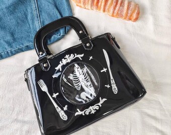 Gothic Skeleton Cutlery Ita Bag | Y2K Anime Badge Display Crossbody for Women | Glossy Purse with Pin Insert Board