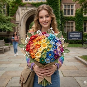 May include: A vibrant bouquet of crocheted flowers in a rainbow of colors, including red, orange, yellow, green, blue, and purple. The bouquet is wrapped in burlap and held by a person wearing a colorful sweater. The background features a university building.