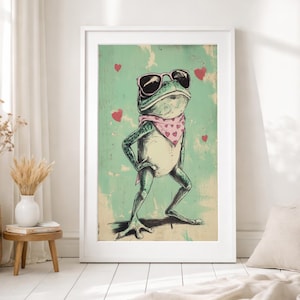 Art mural grenouille drôle, impression animal mignon, grenouille avec lunettes de soleil, décoration grenouille lunatique, art mural chambre d'enfant, illustration imprimable de grenouille