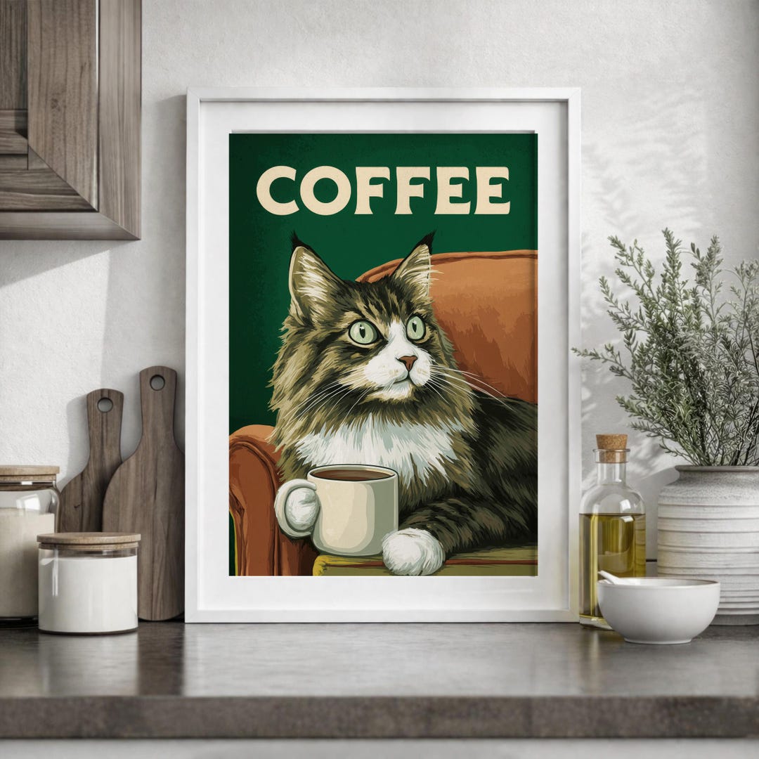 Funny Cat Coffee Wall Art Printable, Vintage Cat Poster, Retro Kitchen ...
