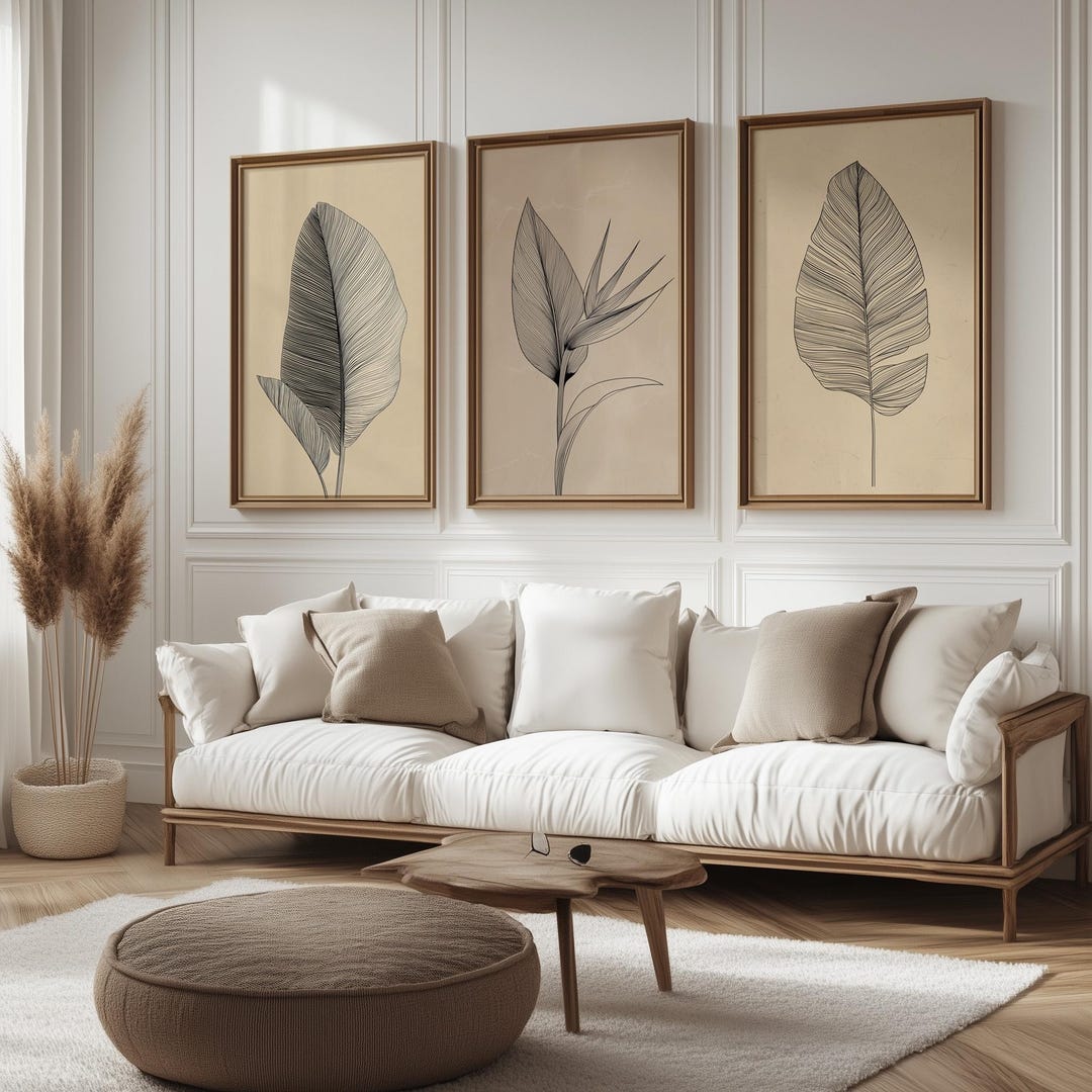 Neutral Botanical Wall Art Set of 3, Minimalist Leaf Line Art Prints ...