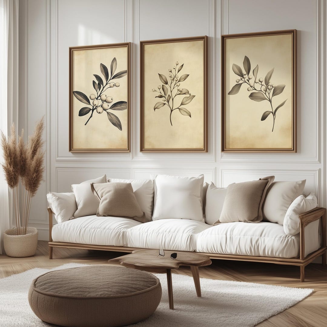 Neutral Botanical Wall Art Set of 3, Vintage Leaf Prints, Beige ...