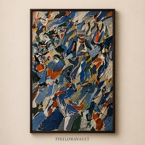 Peut inclure: Une peinture abstraite encadrée rectangulaire présentant des coups de pinceau épais et texturés dans des tons de bleu profond, bleu clair, orange, blanc et vert foncé. La composition est remplie de formes et de lignes dynamiques. Le texte PIXELORAVAULT est imprimé sous le cadre.