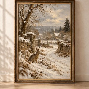 Puede incluir: Una lámina de arte enmarcada que muestra un paisaje invernal con una liebre marrón en primer plano junto a un muro de piedra. La escena incluye un camino cubierto de nieve que conduce hacia una casa a lo lejos bajo un cielo nublado con árboles.