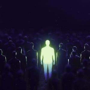 May include: Digital art depicting a glowing figure in a crowd of dark silhouettes. The central figure emits a bright green light, contrasting with the surrounding figures in a dark, atmospheric setting. The artwork evokes themes of individuality and contrast.