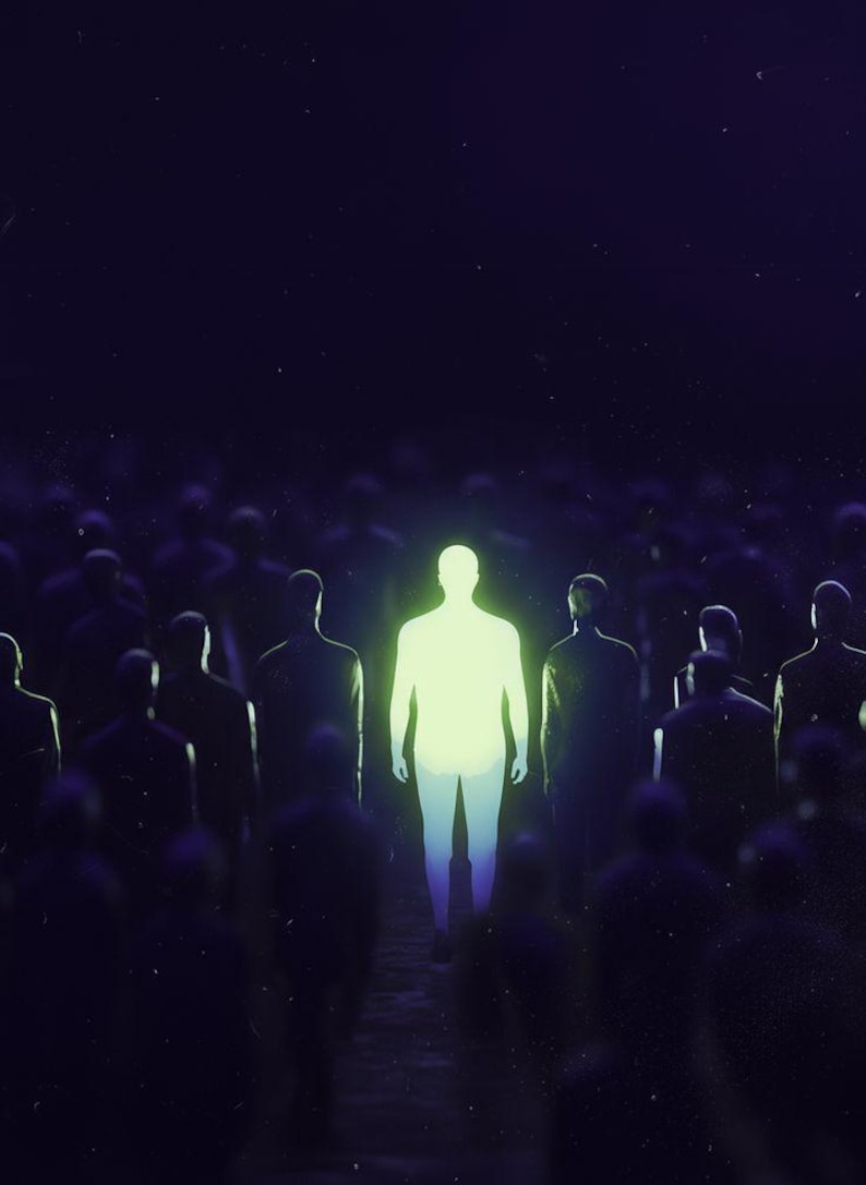 K&ouml;nnte beinhalten: Digitales Kunstwerk, das eine leuchtende Figur inmitten einer Menge dunkler Silhouetten zeigt. Die zentrale Figur strahlt ein hellgr&uuml;nes Licht aus, das mit den umgebenden Figuren in einer dunklen, atmosph&auml;rischen Umgebung kontrastiert. Das Kunstwerk suggeriert Themen wie Individualit&auml;t und Kontrast.