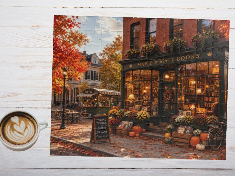 Rompecabezas acogedor de librería otoñal, rompecabezas de la calle principal de otoño para adultos, regalo para amantes de los libros imagen 9