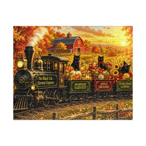 Black Cat Halloween Puzzle, Harvest Train Jigsaw, Pumpkin Patch, Fall Autumn Farmhouse, Thanksgiving Gift