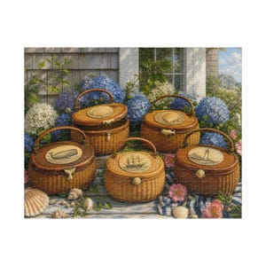 May include: Five oval woven wicker baskets with hinged lids, each featuring a unique carved nautical emblem on top, including a whale, a ship, a lighthouse, and seashells, set against a backdrop of blue and white hydrangea flowers.