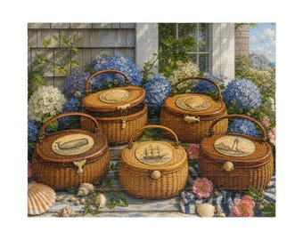Nantucket Lightship Basket Puzzle, Coastal New England Jigsaw, Hydrangea Art, Cape Cod Beach House Gift
