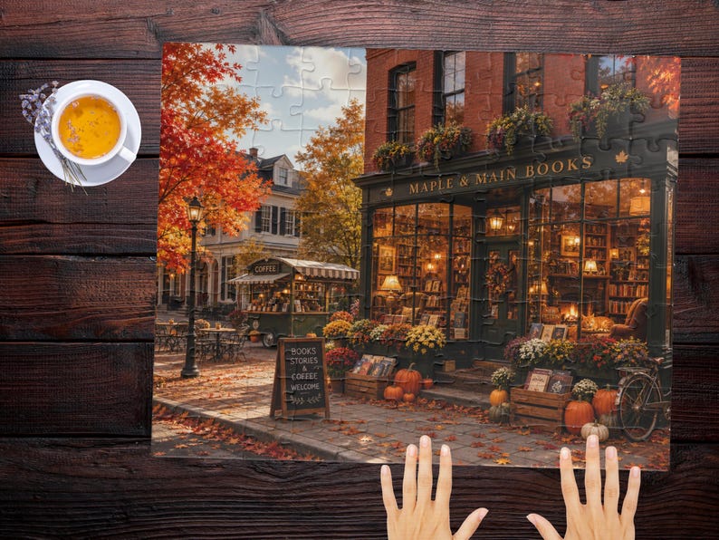 Puede incluir: Un rompecabezas que muestra una librer&iacute;a llamada Maple & Main Books con follaje oto&ntilde;al, calabazas y un carrito de caf&eacute;. Una pizarra dice Books Stories & Coffee Welcome. Una taza de t&eacute; blanca se encuentra sobre una superficie de madera oscura.