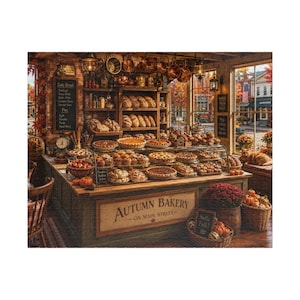 Cozy Bakery Fall Jigsaw Puzzle, Autumn Main Street Puzzle for Adults, Pumpkin Pie Scene