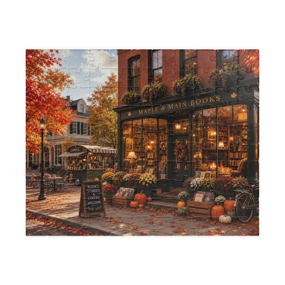 Cozy Fall Bookstore Puzzle, Autumn Main Street Jigsaw for Adults, Book Lover Gift