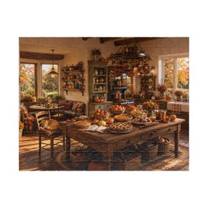Rompecabezas acogedor de cocina de granja otoñal, rompecabezas de pastel de calabaza de otoño para adultos, cocina rústica campestre
