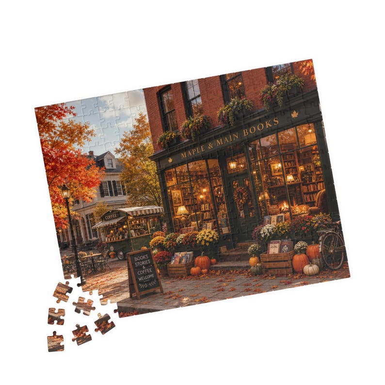 Rompecabezas acogedor de librería otoñal, rompecabezas de la calle principal de otoño para adultos, regalo para amantes de los libros imagen 6