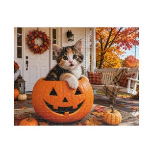 May include: A jigsaw puzzle featuring a calico kitten sitting inside a carved orange jack-o'-lantern. The scene is set on a porch with autumn leaves, a white door with a fall wreath, and a wooden swing in the background. Two additional pumpkins sit nearby.