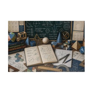 Puede incluir: Una naturaleza muerta con temática matemática que presenta libros de texto de geometría, formas geométricas y una pizarra llena de fórmulas. También incluye un compás, un transportador y una regla. Los libros se titulan "GEOMETRY", "MATH CONCEPTS", "THE ART OF PROOF" y "MATHEMATICS".