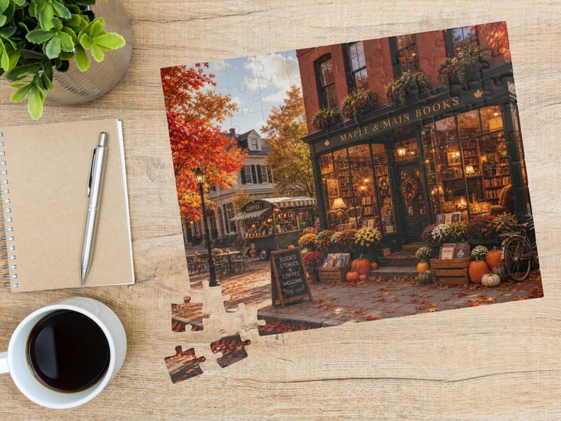 Puede incluir: Un rompecabezas que muestra una librer&iacute;a llamada Maple & Main Books con follaje oto&ntilde;al, calabazas y una escena callejera. El rompecabezas se exhibe sobre una superficie de madera junto a un cuaderno de espiral, un bol&iacute;grafo plateado y una taza blanca con caf&eacute; negro.
