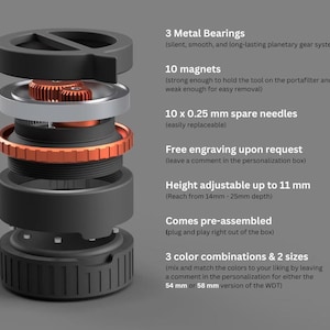 May include: An exploded view of a black and orange tool with multiple components, including metal bearings, magnets, and spare needles. The height is adjustable up to 11 mm. The tool comes pre-assembled and is available in 3 color combinations and 2 sizes.