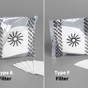 Könnte beinhalten: Zwei weiße Filter, beschriftet mit "Typ A" und "Typ F", werden in einer transparenten Kunststoffverpackung gezeigt. Jeder Filter hat ein schwarzes Sonnenstrahl-Design. Die Verpackung trägt den Text "UFO ERA."