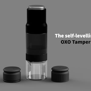 May include: A black and clear self-leveling OXO tamper with two black caps. The tamper has a silver top and a clear glass section. The text "The self-leveling OXO Tamper" is displayed in white.
