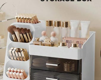 Organizador de maquillaje con soporte para brochas, cajones, organizador de almacenamiento para encimera, organizador de maquillaje y cosméticos para tocador, almacenamiento de maquillaje