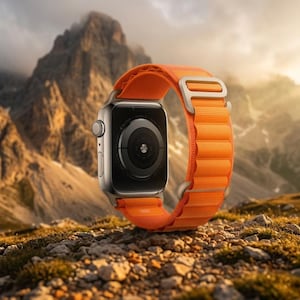 Puede incluir: Un reloj inteligente plateado con una correa naranja se muestra contra un fondo montañoso. El reloj tiene una pantalla negra y una correa naranja texturizada con un cierre plateado. El fondo muestra un terreno rocoso y una cordillera.