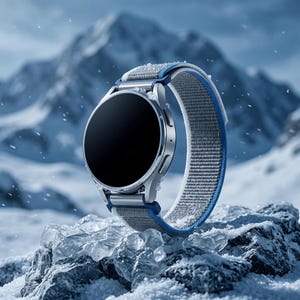 May include: A silver smartwatch with a black screen and a gray and blue fabric band. The watch is set against a snowy mountain backdrop, with ice in the foreground. The watch has a round face and two buttons on the side.
