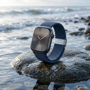 May include: A modern smartwatch with a dark face and a navy blue woven band. The watch is set on a rock near the ocean. The watch face has a radial design with a dark center and light-colored lines.