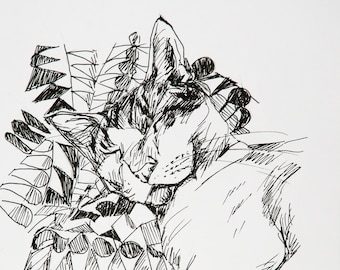 Original pen and marker drawing study of cat sketch