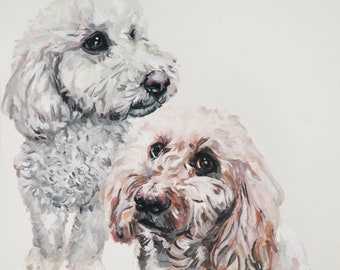 Custom pet portrait Illustration gouache  watercolor on paper TWO dogs