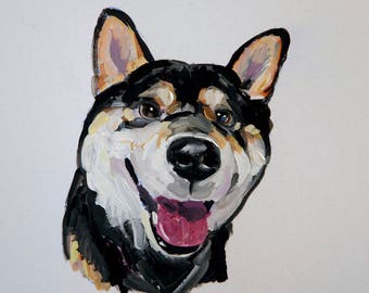 Ready to ship, Original dog painting on paper Black Shiba Inu watercolor