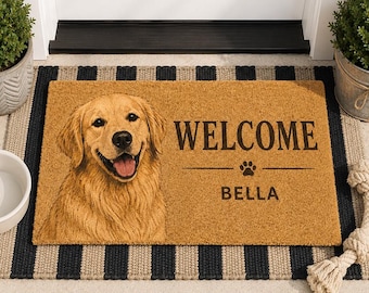 Zerbino di benvenuto personalizzato per cani, zerbino personalizzato con ritratto di animale domestico, zerbino con nome Golden Retriever, decorazione per veranda per amanti dei cani, regalo per mamme di animali domestici