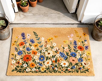 Paillasson coloré prairie de fleurs sauvages, tapis de bienvenue floral bohème, déco de porche printemps-été, tapis d'entrée jardin botanique, cadeau pour amoureux de la nature
