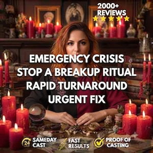 Puede incluir: Una persona de cabello rojizo sentada tras una mesa con muchas velas rojas y una bola de cristal. El texto dice: EMERGENCY CRISIS STOP A BREAKUP RITUAL RAPID TURNAROUND URGENT FIX, 2000+ REVIEWS, SAMEDAY CAST, FAST RESULTS, PROOF OF CASTING.