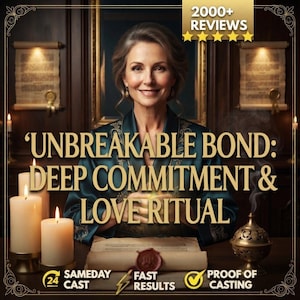 Può includere: Una persona in tunica verde ottanio scuro seduta dietro un tavolo con due candele accese, una pergamena con sigillo in ceralacca rossa e un incensiere in metallo. Testo: UNBREAKABLE BOND: DEEP COMMITMENT & LOVE RITUAL, 2000+ REVIEWS, SAMEDAY CAST, FAST RESULTS, PROOF OF CASTING.
