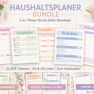 Könnte beinhalten: Ein Bundle aus fünf druckbaren Planer-Sets in Pastellfarben. Die Sets beinhalten einen Wochenplaner, Haushaltsplaner, Essensplaner, Budgetplaner und Einkaufszettel. Das Bild enthält auch eine Tasse Kaffee, einen Stift und dekorative Elemente.