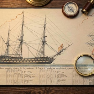 Tapete de mesa vintage com planta de navio da Marinha Espanhola, tapete de rato com carta náutica do século XVIII, arte de navio de linha, presente para marinheiro, mesa com temática de história naval.