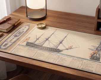 Regalo para el Día del Padre / Alfombrilla de escritorio antigua con diseño de un buque de guerra español de 74 cañones / Ilustración náutica vintage y plano de barco / Alfombrilla de ratón grande para historia
