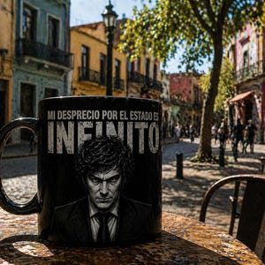 May include: Black ceramic mug with a handle featuring the text "MI DESPRECIO POR EL ESTADO ES INFINITO" and a portrait of a man in a suit. The mug is on a wooden table in an outdoor setting with a blurred background.