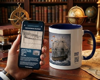 Taza Santísima Trinidad - El rival del almirante Nelson - Buque de guerra español de 140 cañones - Regalo de historia naval de la Batalla de Trafalgar (Escaneo QR)