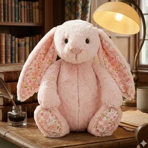 May include: A plush pink bunny with long ears and a sweet expression. The inside of the ears and the soles of the feet feature a floral pattern in shades of pink and green. The bunny is sitting on a wooden surface.