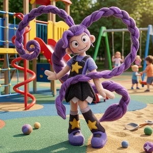 Puede incluir: Mu&ntilde;eca hecha a mano con cabello morado en bucle, vestida con una camisa azul, falda negra y zapatos morados. La mu&ntilde;eca tiene una estrella amarilla en el pecho y en las botas. El fondo muestra un parque infantil con ni&ntilde;os.