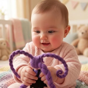 Puede incluir: Un beb&eacute; con una camisa rosa sonr&iacute;e y sostiene un juguete morado. El juguete tiene un dise&ntilde;o trenzado y una forma negra en la parte inferior. Un osito de peluche y un conejito est&aacute;n en el fondo.