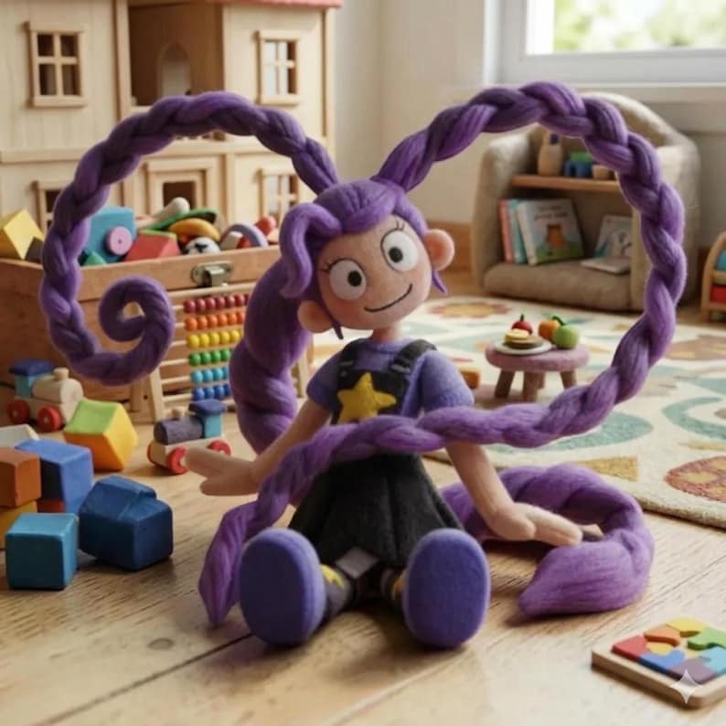 Puede incluir: Mu&ntilde;eca hecha a mano con largo cabello morado trenzado, vistiendo una camisa morada con una estrella amarilla y un peto negro. La mu&ntilde;eca est&aacute; sentada en un suelo de madera en un cuarto de juegos, rodeada de juguetes.