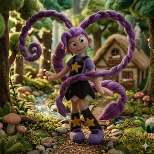 Puede incluir: Mu&ntilde;eca de fieltro hecha a mano con cabello morado trenzado en largas trenzas. La mu&ntilde;eca viste una camisa morada, una falda negra y botas con detalles de estrellas amarillas. Est&aacute; en una escena de bosque caprichosa con una peque&ntilde;a caba&ntilde;a al fondo.