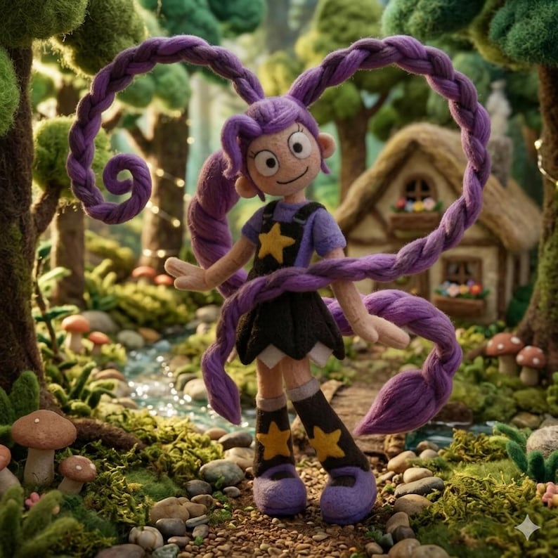 Puede incluir: Mu&ntilde;eca de fieltro hecha a mano con cabello morado trenzado en largas trenzas. La mu&ntilde;eca viste una camisa morada, una falda negra y botas con detalles de estrellas amarillas. Est&aacute; en una escena de bosque caprichosa con una peque&ntilde;a caba&ntilde;a al fondo.