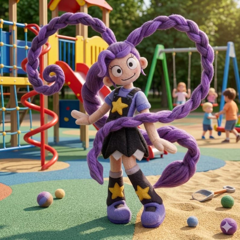 Puede incluir: Mu&ntilde;eca hecha a mano con cabello morado en bucle, vestida con una camisa azul, falda negra y zapatos morados. La mu&ntilde;eca tiene una estrella amarilla en el pecho y en las botas. El fondo muestra un parque infantil con ni&ntilde;os.